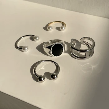 HUANZHI 2020 Retro Lašas Klijų Metalo Geometrinis Tuščiaviduriai Ovalus Kamuolys Apvalus Žiedas Pearl Reguliuojamas Atidarymo Žiedų Moterų, Mergaičių Papuošalai