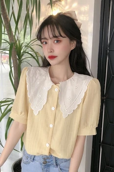 Pavasario 2021 naujų korėjos stiliaus lėlės apykaklės mergina sluoksniuotos rankovėmis marškinėliai projektavimo saldus trumparankoviai dugno į viršų