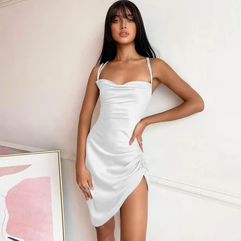 Vasarą Moterys suknelė Seksualus Šalies Klubas Clothings Ponios drabužiai be Rankovių Kieto Satino Backless Tvarstis Ruched Mini Suknelė 2021