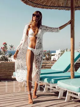 Naujas Lady Sarongas Retro Nėrinių Maxi Bikini Padengti Iki Atsitiktinis Saulės Žr.-per Ilgas Paplūdimys, Long Kimono Šifono Nėrimo Seksualus Baltas