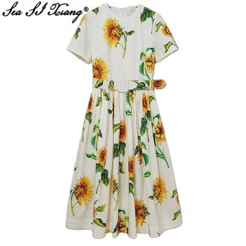 Seasixiang Mados Dizaineris Vasaros Medvilnės Suknelė Moterims, O-Kaklo trumpomis Rankovėmis Varčias Gėlių spausdinti Suknelės