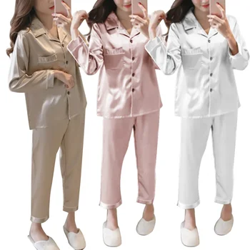 2vnt Rudenį Pižama Nustatyti Moterų vientisos Spalvos Šilko Imitacijos Homewear ilgomis Rankovėmis Marškinėliai Kelnės naktiniai drabužiai Sleepwear Moterų Pižama Komplektas