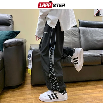 LAPPSTER Vyrų Pusėje Dryžuotas Kišenės Poilsiu Kelnes 2021 Mens Juoda Japonijos Streetwear Sweatpants Vyrų Hip-Hop Plati Plati Koja Kelnės
