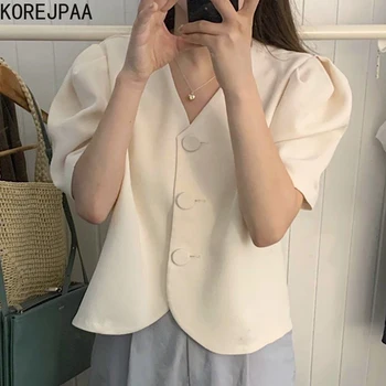 Korejpaa Moterų Marškinėliai 2021 M. Vasarą Korėjos Elegantiškos Moters Švelnus Kreminės Baltos Plonos V-Kaklo Trijų Mygtuką Prarasti Sluoksniuotos Rankovės Trumpos Palaidinukės