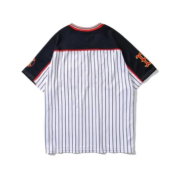 Amerikietiško Stiliaus Dryžuotas Kratinys T-shirt Streetwear Hip-Hop V-kaklo Laišką, Siuvinėjimas, Marškinėliai, Laisvi marškinėliai Negabaritinių WY821