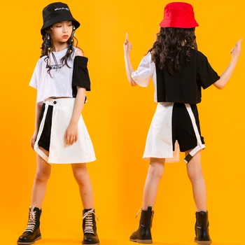 Vaikas Hip-Hop Drabužių Juoda Balta Marškinėliai Off Peties Pasėlių Viršuje Streetwear Vasaros Sijonas Šortai Mergaitėms Kostiumas Drabužiai