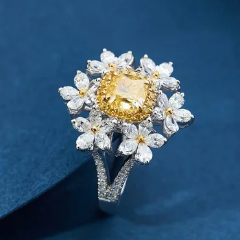 6 Gėlės 2 Karatų Geltonasis Kristalų citrinas rašė Brangakmenių, Deimantų Žiedai Moterims Baltojo Aukso, Sidabro Spalvų Papuošalai Bague Vestuvių Dovanos