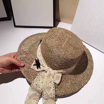 Naujas Hepburn Stiliaus High-end Užsakymą Sūrus Šiaudai, Šiaudų Skrybėlę Moterims Vasaros Retro Flat Top Hat skėtį nuo saulės Paplūdimio Skrybėlę Chapeu Feminino