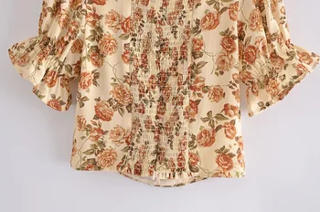 2021 Vintage Chaki Gėlių Spausdinti Marškinėliai Retro Ruched Elastinga Kvadratinį Apykaklę, Trumpa Palaidinė trumpomis Rankovėmis bako viršuje Viršūnės
