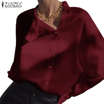 ZANZEA 2021 Elegantiška Panele Marškinėliai Moterims Atsitiktinis Mygtukų Žemyn Palaidinė Kietas ilgomis Rankovėmis Viršūnes Stovėti Apykaklės Tunika Blusas
