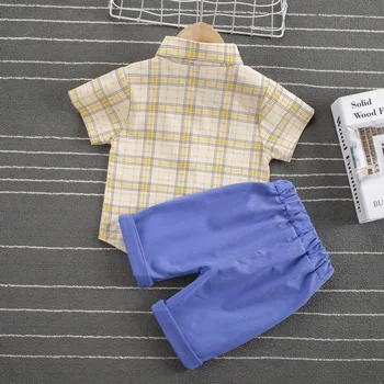 Vasaros Kūdikių Drabužiai 2021 Berniukas nustatyti Trumpi rankovėmis Pledas Marškiniai su Kaklaraištis + Šortai 2 Gabalas Vaikų Komplektus Lokys Modelis