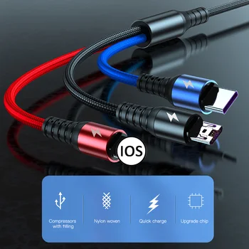 3 In 1, 5A USB Pintas Anti-Pertrauka Greito Įkrovimo Kabelis 8 Pin C Tipo Mikro Super Charge Cable For IPhone 