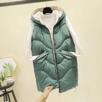 Didelis dydis 3XL moterų berankovis šiltas paltas su gobtuvu rudens žiemos liemenė su raidžių spausdinimo kišenės korėja ilgai stiliaus šilumos liemenė
