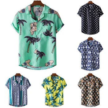 2021 Naują Atvykimo Vyrai Laisvi Marškinėliai Etninės Stiliaus Spausdinti Trumpas Rankovės Stovėti Apykaklės Atsitiktinis Viršūnes Streetwear Vyrų Havajų Marškinėliai