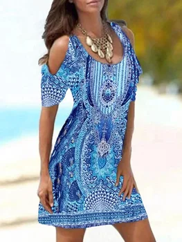 Vasaros O-Kaklo Spausdinti Moterų trumpomis Rankovėmis Suknelė Lady Off Peties Sundress Paplūdimio Mini Suknelė
