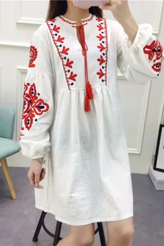 Rudenį Naujų Moterų Etninės Stiliaus Siuvinėjimų Suknelė Prarasti Žibintų Rankovėmis ir Nėrinių-up Kutais ilgomis rankovėmis Medvilnės ir Lino Sijonas