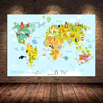 Šiaurės Gyvūnų Pasaulio Žemėlapyje, Drobė, Tapyba Darželio Plakatų ir grafikos Animacinių filmų Sienos Menas Nuotraukas Cuadros Vaikams Miegamasis Neįrėminti