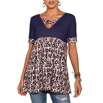 2021 Vasaros Leopardas Spausdinti Trumpas Rankovės Marškinėliai Moterims Atsitiktinis V-kaklo Mados Streetwear Plius Dydis Ponios Topai Marškinėliai, Femme