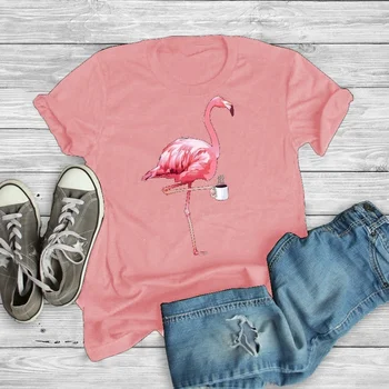 Flamingo Kavos Spausdinti Marškinėliai Moterims Trumpomis Rankovėmis O Kaklo Laisvus Marškinėlius 2021 M. Vasarą Plius Dydis Moterų, Marškinėliai, Topai Camisetas Mujer