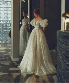 Sparkly Suknelė Balta Suknelė Moterims Off-Pečių Princesė Vestuvių Suknelė Su Traukiniu Ilgai Tiulio Suknelė Moteris Vestuvės Dress