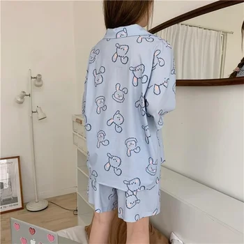 Moterų Pižama Japonų Dviejų Dalių Komplektas Vasaros Sleepwear Merginos Kawaii Spausdinti Atvartas Namų Kostiumas Korėjos Saldus Pijamas Laisvas Minkštų Pižamos
