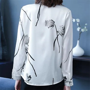 Lmitation šilko moteriški Marškinėliai Atvartas ilgomis rankovėmis Rose spausdinimo Moteriškas Marškinėliai mados didelio dydžio Satino Viršūnes Moterų Blous Tees