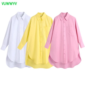 VUWWYV Za 2021 Balti Marškiniai Moteris Rožinė Negabaritinių Ilgai Marškinėliai Moterims Pritvirtinti Mygtuką Iki Marškinėliai Moteris Vasarą ilgomis Rankovėmis Geltona Viršų