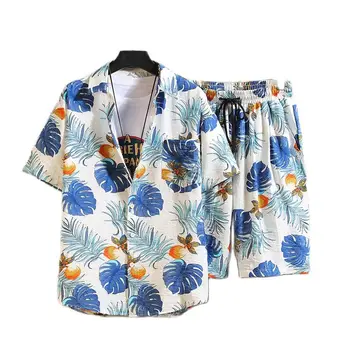 Vyrai rankovėmis marškinėliai sportwaer Hawai tracksuit drabužių nustatyti vasaros Mados Gėlių marškinėliai vyrų slim fit atsitiktinis marškinėliai vyrams medvilnės trumpas
