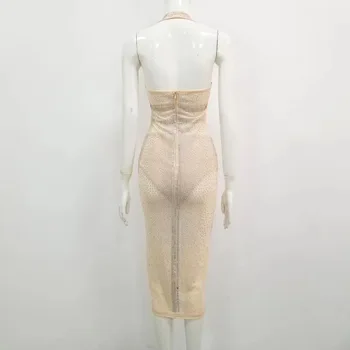 Naujas Moterų Pavasario Seksualus Backless Apynasrio Akių Deimantų Kristalų Smėlio Bodycon Midi Suknelė 2021 Elegantiškas Vakaras Šalis Suknelė Vestidos