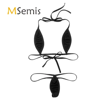 2vnt Moterų Mini maudymosi kostiumėlį Minimalus Padengti Mini Micro Ašaros Halterneck Bikini Savarankiškai kaklaraištis Bra Top su G-String Kelnaičių Apatiniai
