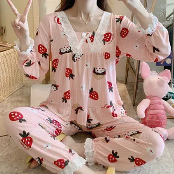 2021 m. Pavasarį Pižama Nustatyti Moterų Mielas Braškių Spausdinti ilgomis rankovėmis Kostiumas Saldus Princesė Stiliaus Nėrinių Krašto Patogiai Homewear