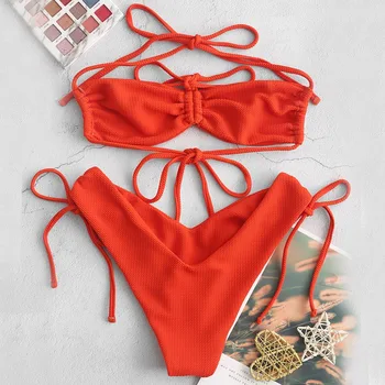 ZAFUL Ryškiai Oranžinės spalvos Tekstūra Cinched Aukštos Kojos, Bikini maudymosi Kostiumėliai Moterims, Seksualus Apynasrio Bralette Bikini Rinkiniai, Dviejų dalių Maudymosi