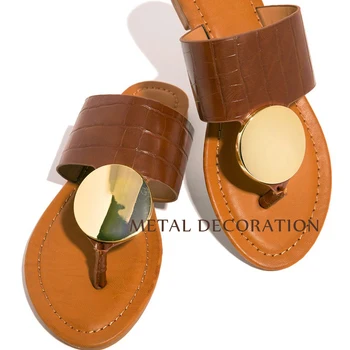 2020 Retro Moterų sandalai Vasaros Paplūdimio Šlepetės Mados Metalo Butas Šlepetės moterų batai Ponios Sandalai Slydimui Dėl Priežastinio Flip Flop