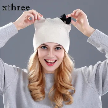Xthree Triušio kailio, vilnos megztus skrybėlę žiemos pavasario Skullies beanies skrybėlę moterų, mergaičių katytė skrybėlę feminino