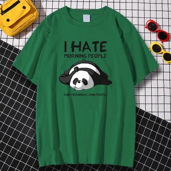 Mados Kvėpuojantis Vyrų Tee Marškinėliai trumpomis Rankovėmis T Shirts Panda aš Nekenčiu Morn Žmonių Spausdinimo Drabužių, Negabaritinių Crewneck Marškinėlius Vyras