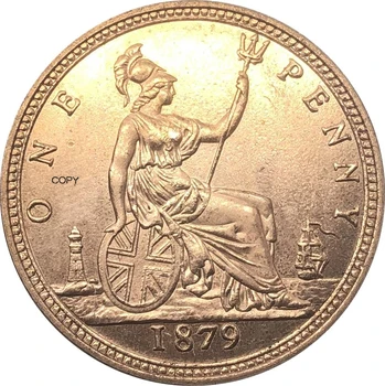 Jungtinė Karalystė 1879 1 Vieno Cento Karalienės Viktorijos Didžiosios Britanijos Bronzos Portretas Raudona, Vario Monetos Kopija Su Lygaus Krašto