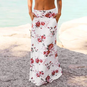 Atsitiktinis Bohemijos gėlių spausdinti sijonas Derliaus Moterų Vasaros Paplūdimio Gėlių Spaudinių Sijonas Žemas Liemuo Ilgas Sijonas elegantiškas paplūdimio maxi N50