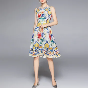 Croysier Kilimo Ir Tūpimo Tako Suknelė 2021 Moterų Drabužių Apvalios Kaklo, Rankovių Spausdinti Vasaros Suknelė Šalies Vakarą Elegantiška Vintage Midi Suknelė