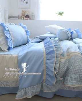 Elegantiška mėlynos princesė stilius visas rungtynes, vientisos spalvos susiėmę nėrinių medvilnės lova sijonas patalynė antklode padengti
