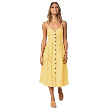 Nauja Vasaros Boho Moterų suknelė Kietas Sundresses Moterų 2021 metų Moteris Kietas Midi Camisole Suknelė Su Kišenėmis Priekyje Mygtuką Paplūdimio