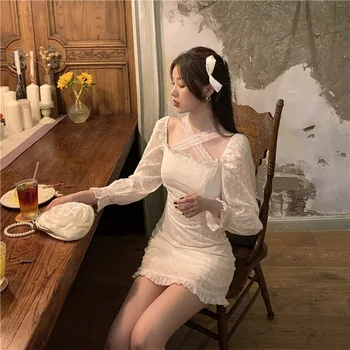 Nėrinių Mini Suknelė Moterims Atsitiktinis Asmenybės Ilgomis Rankovėmis Vientisas Suknelė Moteriška Rudens Drabužių 2021 Korėjos Elegantiškas Šalis Y2k Suknelė