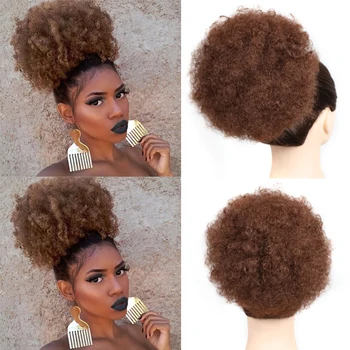 Trumpas Afro Sluoksniuotos Sintetinių Plaukų Bun Garbanotas Chignon Hairpiece Už Juodaodžių Moterų Raišteliu Plaukai Surišti Į Uodegą Keistą Šukuosena Įrašą Plaukų Priauginimas