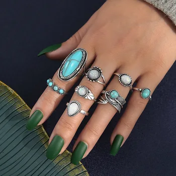 8PCS/Set Derliaus Bohemijos Sidabro Spalvos Turquoises Karka Žiedų Rinkinys Moterims Geometrinis Opal Midi Žiedai