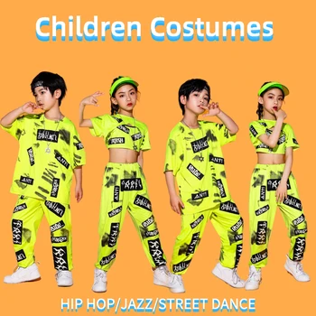 Vaikai Fluorescencinė Žalia Viršuje Kelnės Vaikų Dienos Drabužių Hip-Hop Šokių Kostiumas Mergaitėms Berniukai Džiazo Šokių Drabužiai Rave Komplektus XS1800