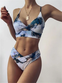 Naujas Marmuras Spausdinti Bikini maudymosi kostiumėlis Moterims Seksualus Bandeau Aukšto Juosmens maudymosi Kostiumėliai, 2021 mujer Moteris Bikini Nustatyti, Sporto Maudymosi Kostiumą Paplūdimio