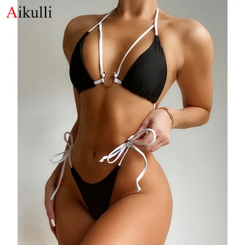 Seksualus Bikini 2021 Maudymosi Moterų Apynasrio Aukštos Kojos Supjaustyti Thong Bikini Komplektas Push Up Maudymosi Kostiumėliai, Dviejų Vienetų Biquini Bather Maudymosi Kostiumai