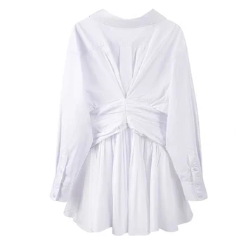 TWOTWINSTYLE Tunika Ruched Mini Suknelė Moterims Atvartas ilgomis Rankovėmis Aukštos Juosmens Baltos Suknelės Moterų Mados Naują Drabužių 2021 Banga