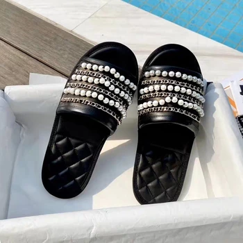 Atsitiktinis Butas Sandalai Skaidres Moterų Vasarą Naujas Mados Išorinis Dėvėti Fifo Metalo Pearl Šlepetės Butas batai Ponios Paplūdimio Bateliai