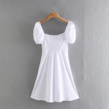 Europos ir Amerikos vasaros 2021 naujas gryna spalva retro aikštėje apykaklės burbulas rankovės baltos spalvos klostuotas slim popelinowy suknelė
