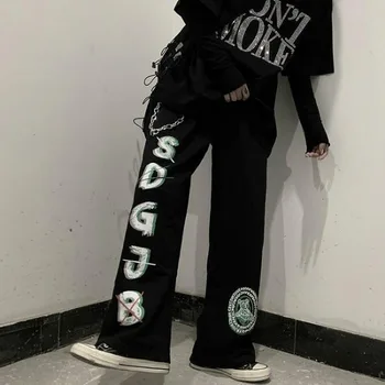 Moterų Gotikos Harajuku Plačios Kelnės Moterims Hipių Punk Plius Dydžio Grafiti Spausdinti Juodos Plačios Kelnės Streetwear Didelis Juosmens Kelnes